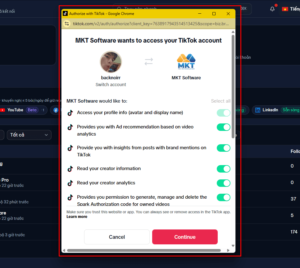 Cửa sổ TikTok xin cấp quyền cho ứng dụng