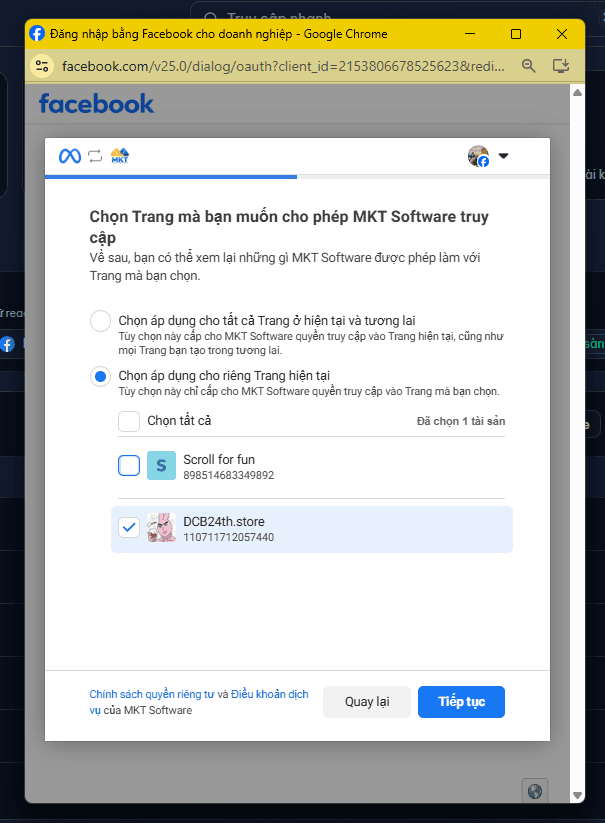 Cửa sổ Facebook chọn Trang cho phép truy cập