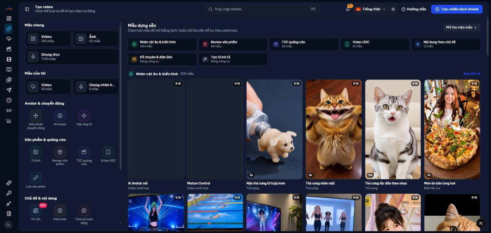 Trang Tạo video với danh sách công cụ