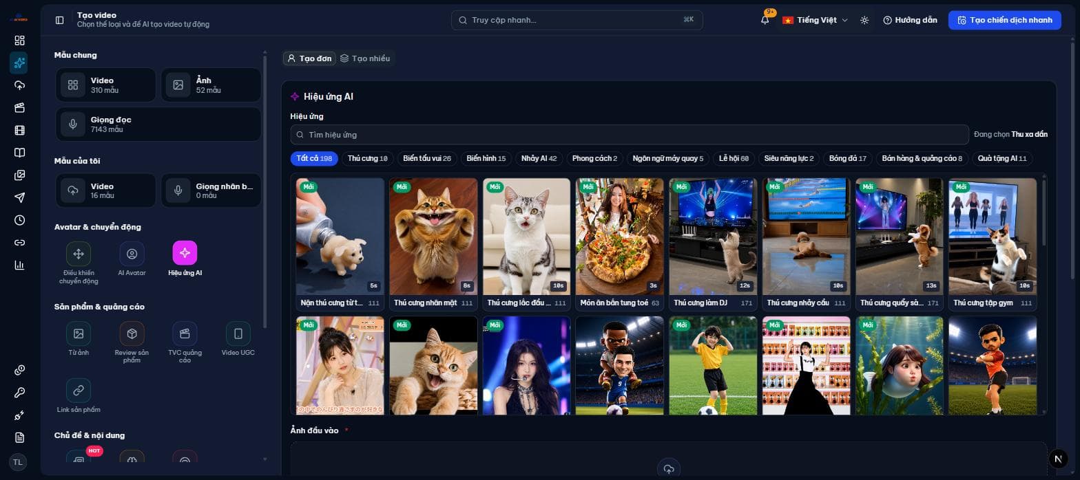Danh sách hiệu ứng chia theo nhóm, mỗi thẻ ghi thời lượng và giá