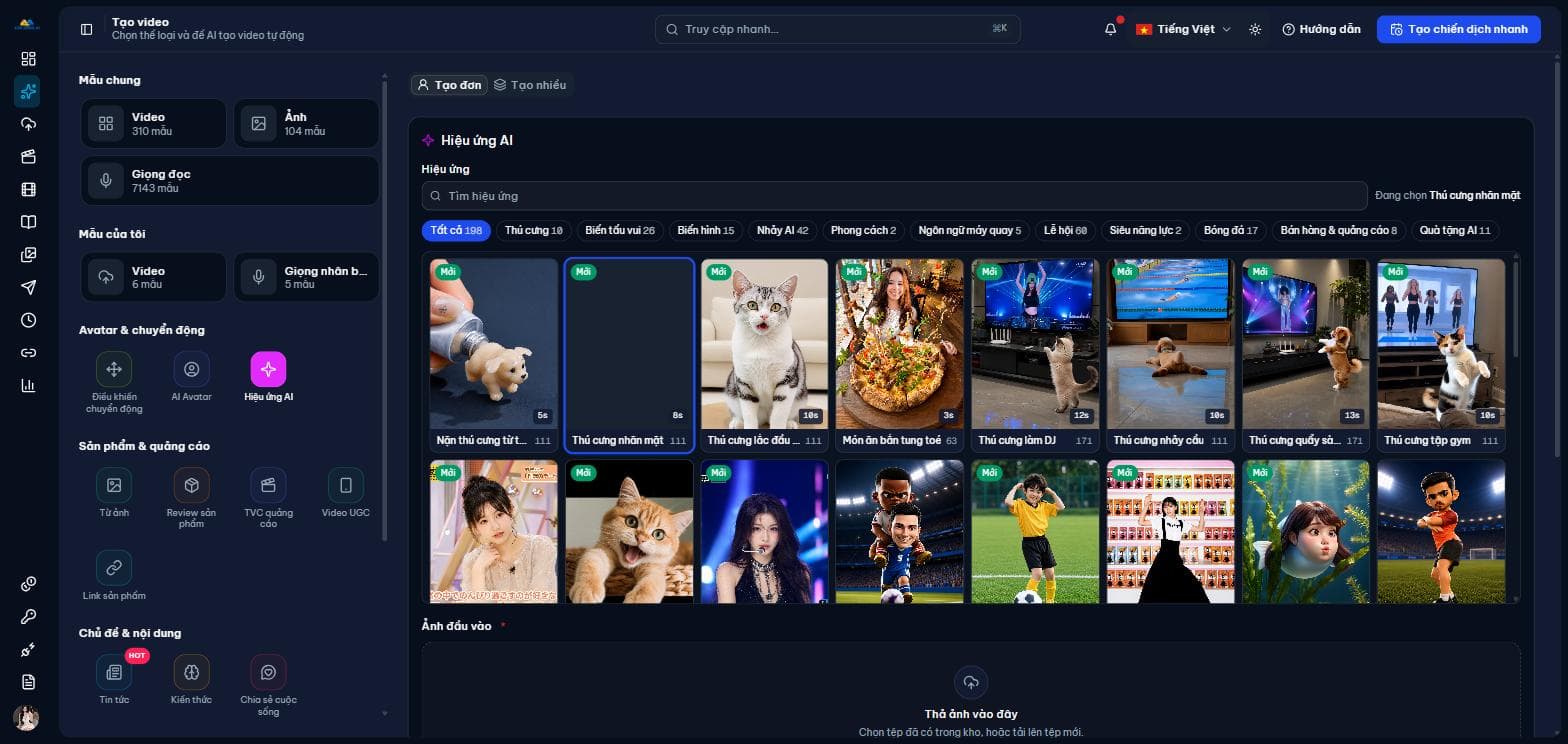 Chọn hiệu ứng theo nhóm, ví dụ Thú cưng nhăn mặt