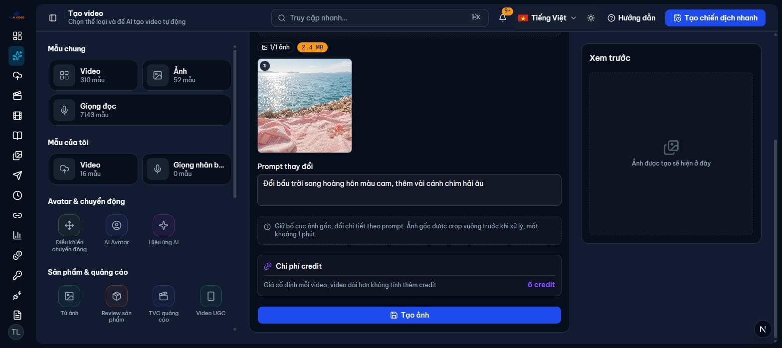 Form Ảnh sang ảnh với ảnh gốc, prompt thay đổi và chi phí