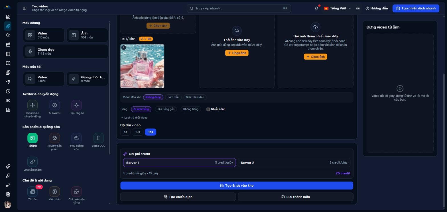 Độ dài video, chi phí và nút Tạo & lưu vào kho