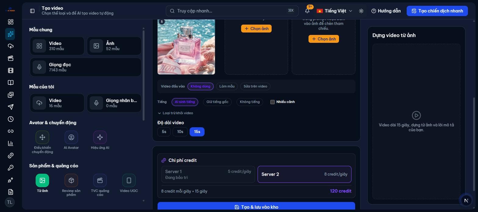 Tuỳ chọn video đầu vào, tiếng, độ dài và chi phí credit theo giây