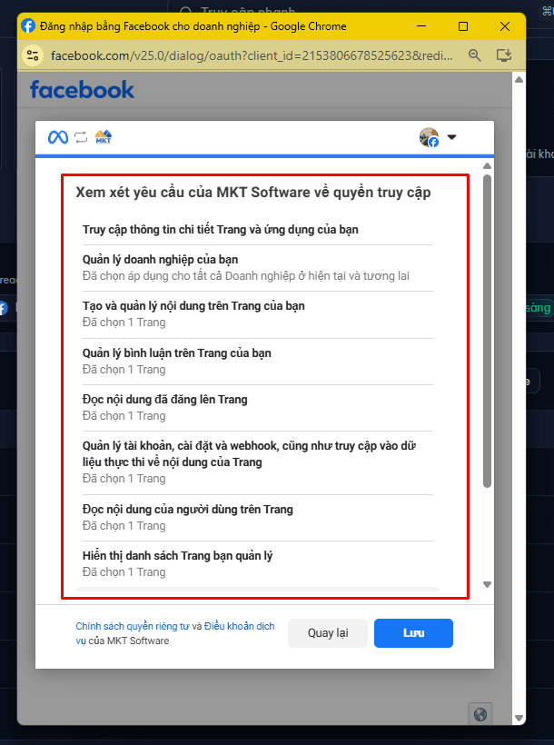 Cửa sổ Facebook xem xét các quyền truy cập