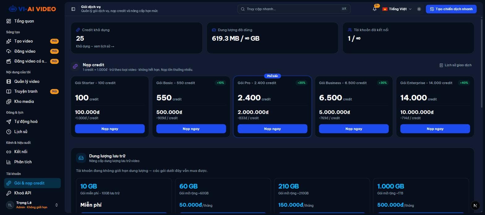 Trang Gói dịch vụ: credit khả dụng, dung lượng, tài khoản kết nối và các gói nạp credit