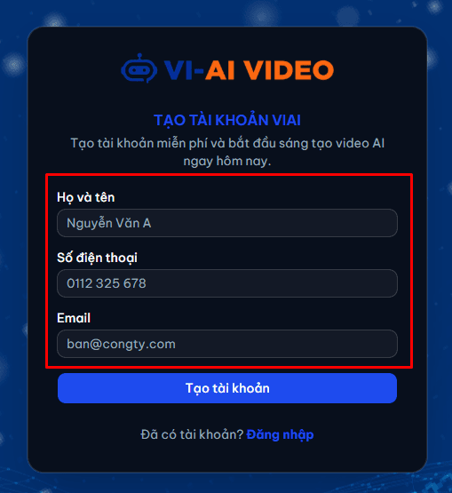 Form đăng ký tài khoản