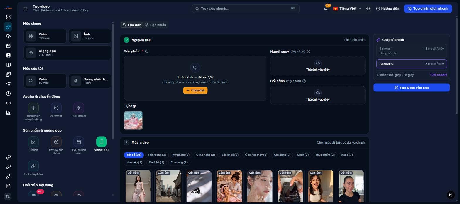 Bước Nguyên liệu của Video UGC với ảnh sản phẩm, người quay, bối cảnh và mẫu video