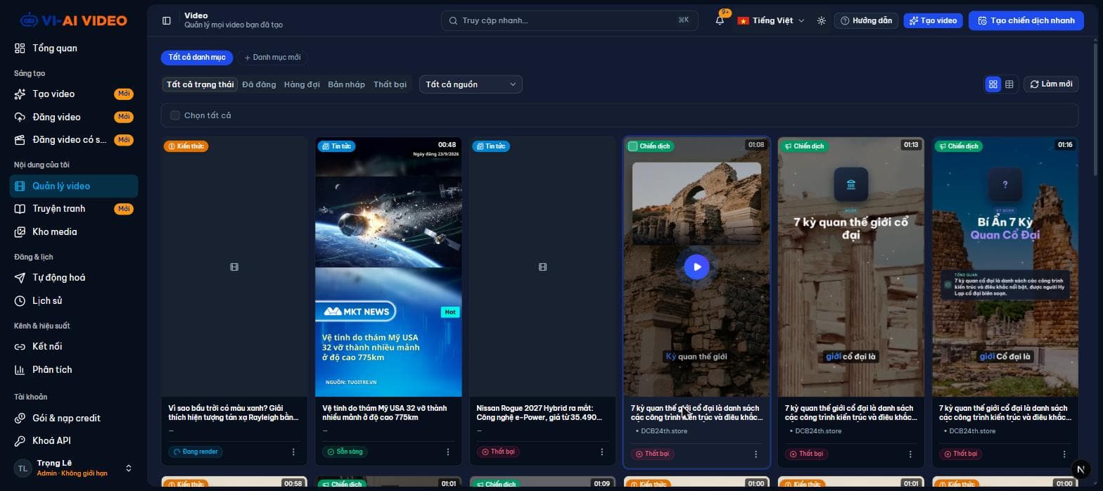 Trang Quản lý video với trạng thái từng video