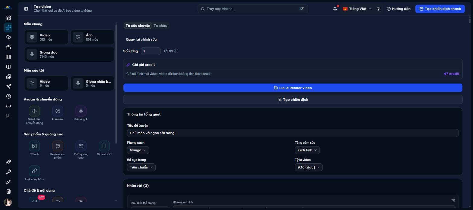 Ô Số lượng, chi phí credit và nút Lưu & Render video