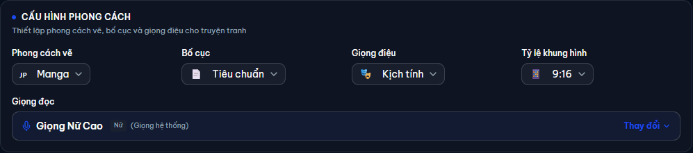 Cấu hình phong cách, độ dài, khung hình và giọng đọc